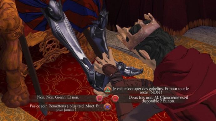 King's Quest - Episode 2 Graham doit répondre quelque chose rapidement en massant les pieds d'un chevalier