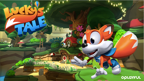 Lucky's Tale renard qui prend la pose et logo du jeu