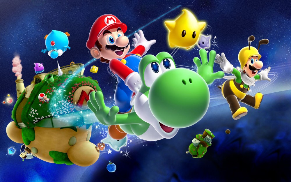 Mario chevauchant Yoshi dans l'espace