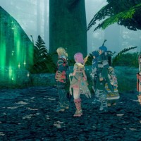 Star Ocean: Integrity and Faithlessness groupe dans la forêt devant une lumière verte