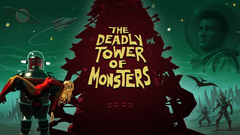 The Deadly Tower of Monsters logo et robot portant une jeune femme