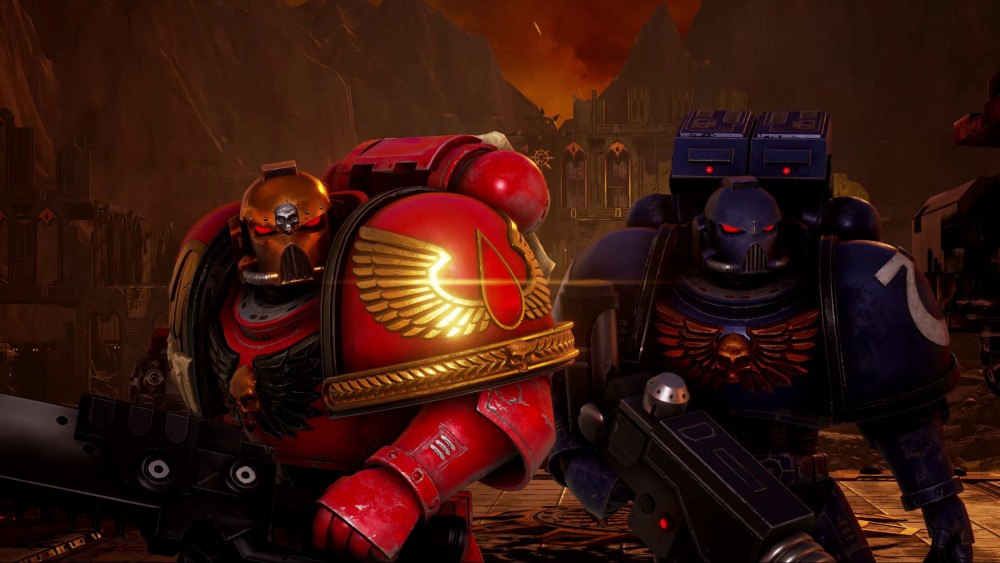 Warhammer 40 000 eternal crusade Space Marine rouge et space marine bleu