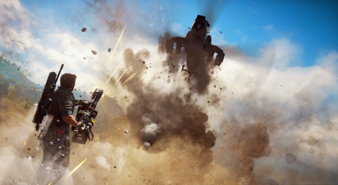 Just Cause 3 Rico dézingue un hélico à la gatling