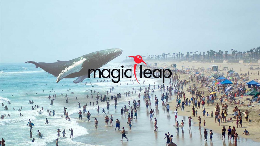 Baleine au dessus de la mer et logo Magic Leap