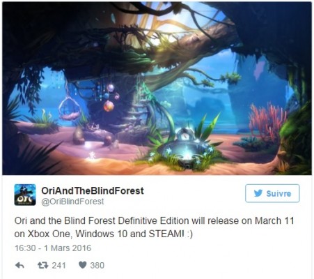 Ori and the Blind Forest Definitive Edition Twitter annonçant la date de sortie définitive