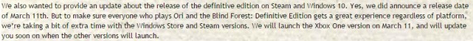 Déclaration de Mark Coates sur Ori and the Blind Forest Definitive Edition