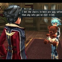 The Legend of Heroes: Trails of Cold Steel II Rean discute avec une enfant qui porte un ours en peluche dans les bras