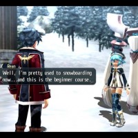 The Legend of Heroes: Trails of Cold Steel II discussion entre Rean et un autre personnage accompagné d'un robot dans la neige