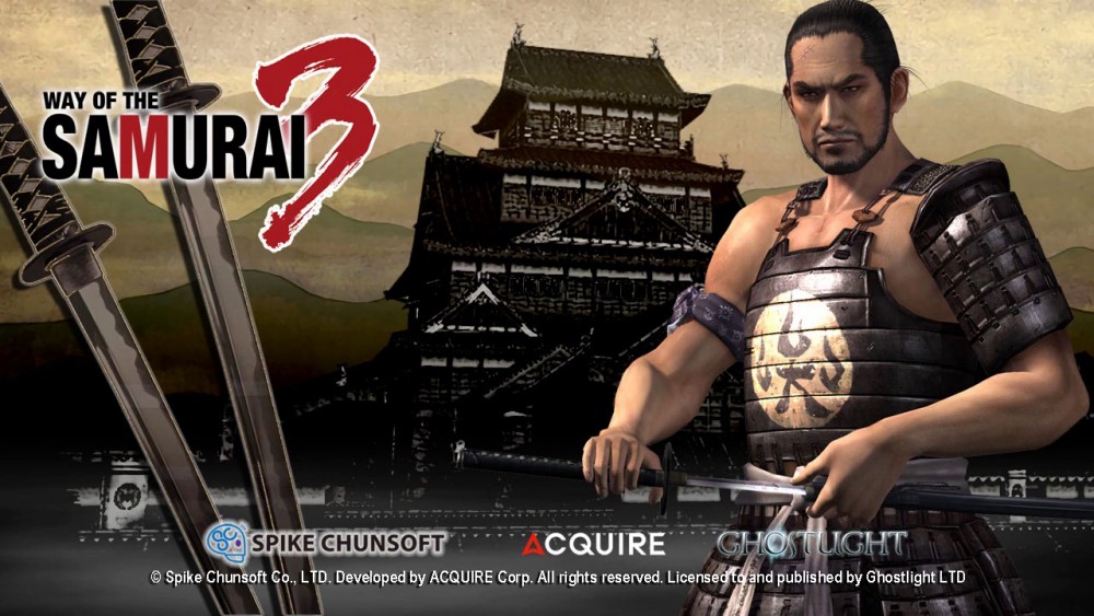 Way of the Samurai 3 samouraï devant un chateau avec logo du jeu