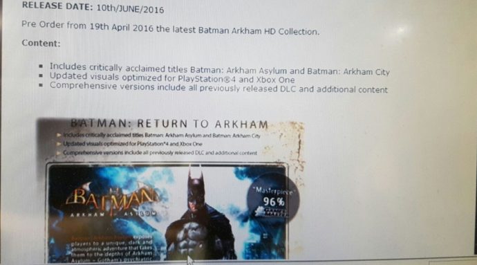 Photo de l'email annonçant la fuite de Batman Arkham HD Collection 