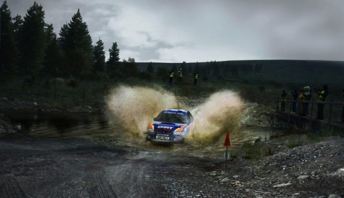 Subaru dans une rivière de DiRT Rally