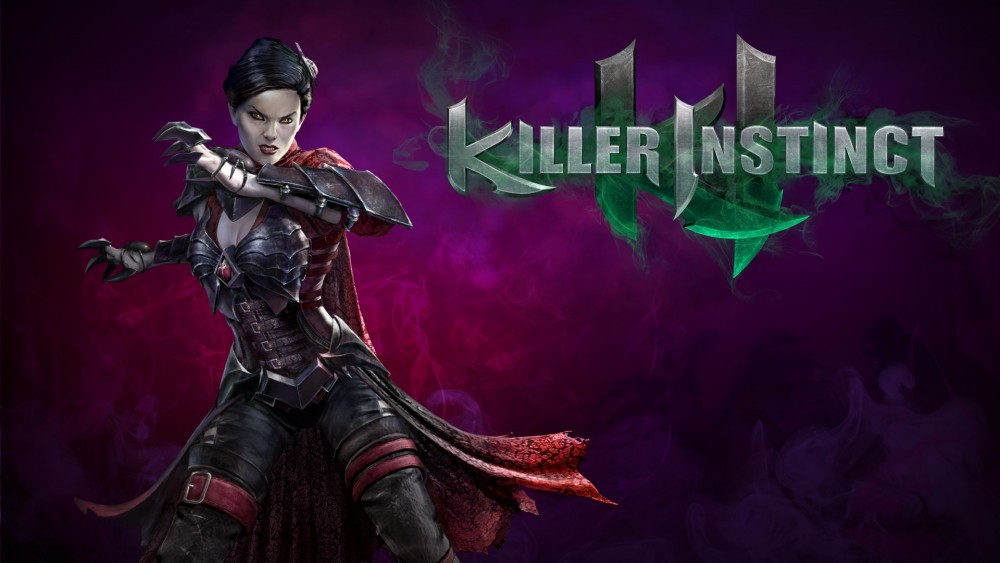 Killer Instinct Mira prend la pose à côté du logo du jeu