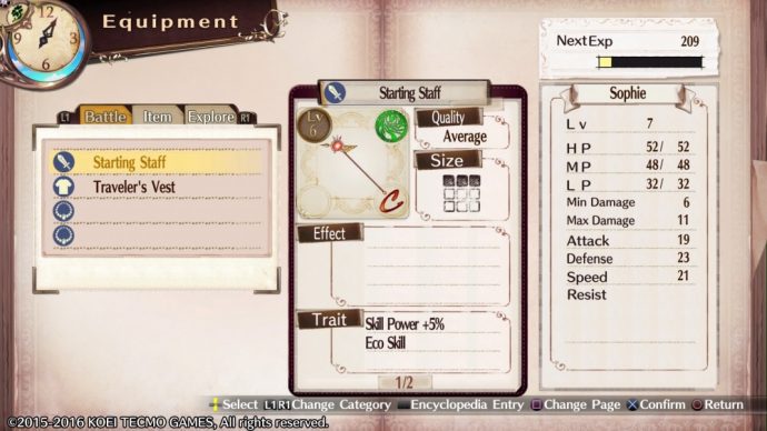 Atelier Sophie The Alchemist of the Mysterious Book - L'équipement