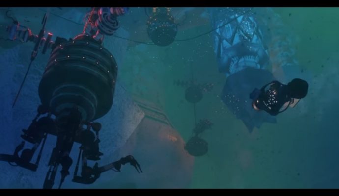 Un des écrans du trailer de Diluvion, avec une magnifique ambiance robotique sous-marine