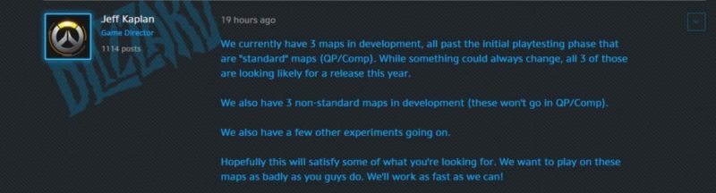 Le message de Jeff Kaplan sur les forums d'Overwatch à propos du peu de sorties d'arènes cette année.