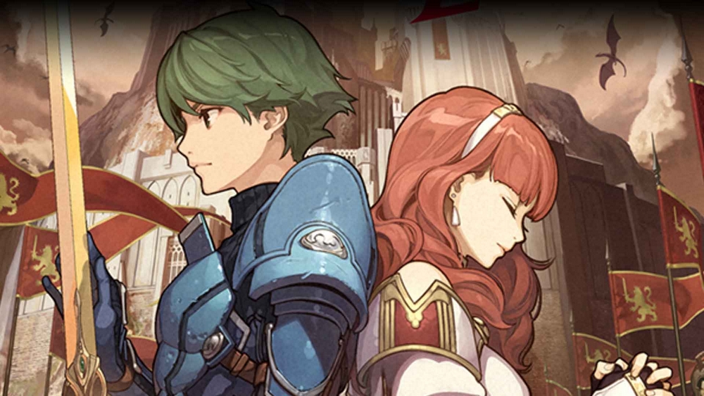 Alm et Celica, personnages principaux de Fire Emblem Echoes: Shadows of Valentia, dos à dos devant le palais de Zofia.