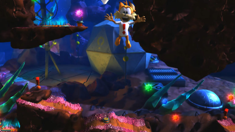 Bubsy sautant du second plan vers le premier