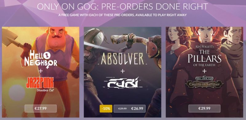 GOG.com hello neighbor absolver the pillars of the earth bonus précommande