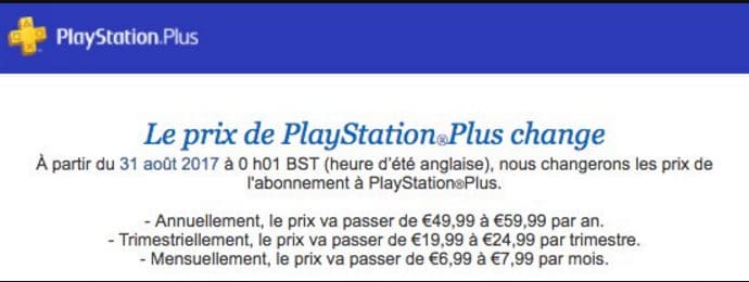 PlayStation Plus e-mail hausse des tarifs