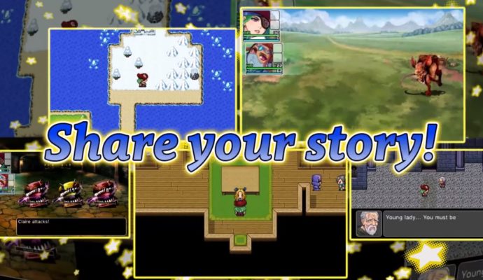 l'une des images du trailer de RPG Maker Fes avec écrit "Partage ton Histoire" en anglais