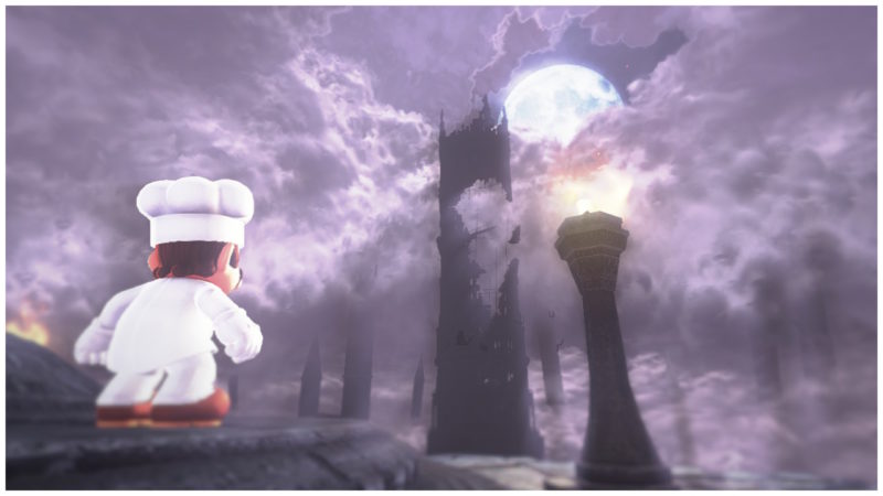 test Super Mario Odyssey - Mario devant une tour sombre