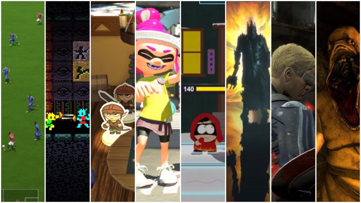 Et toi, à quoi tu joues collage : Rezrof, FIFA 18, Splatoon 2, South Park : L'annale du destin, Le Seigneur des Anneaux : L'ombre de la Guerre, Amnesia, Fallout 4, Eggnog