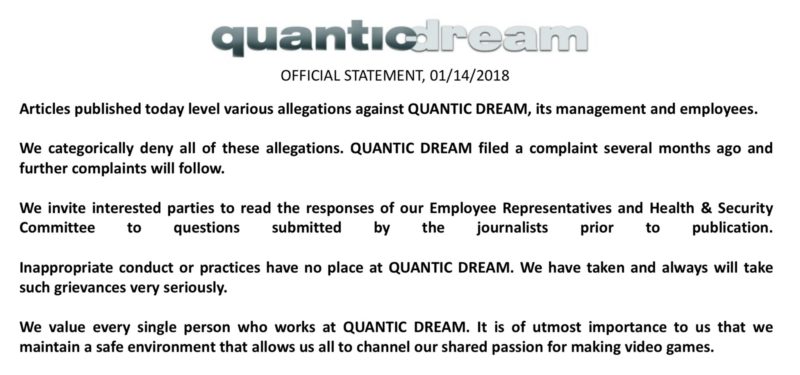 communiqué officiel quantic Dream