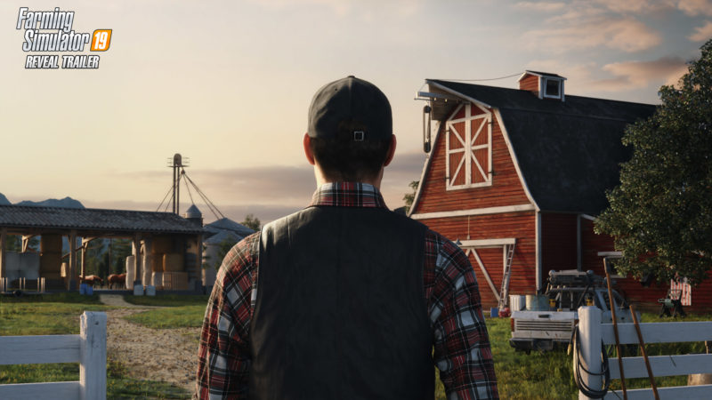 Un homme regardant son empire agricole dans Farming Simulator 19