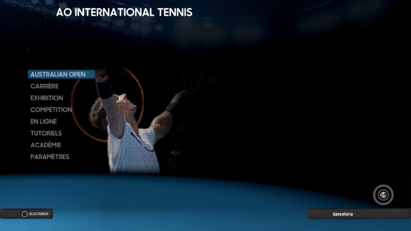 Test AO International Tennis - menu