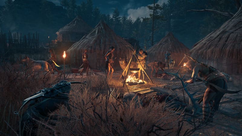 Assassin's Creed Odyssey feu de camp monstre nuit