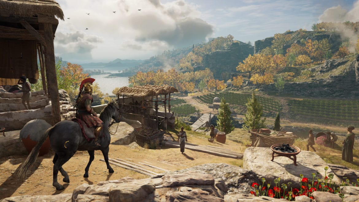 Assassin's Creed Odyssey chevauchée paysage forêt rivière