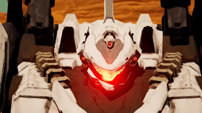 Daemon X Machina - plan rapproché mecha blanc