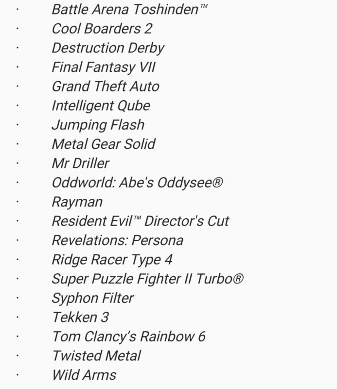 PlayStation Classic - Liste des jeux