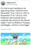 Pokémon GO - événement oeuf novembre 2018