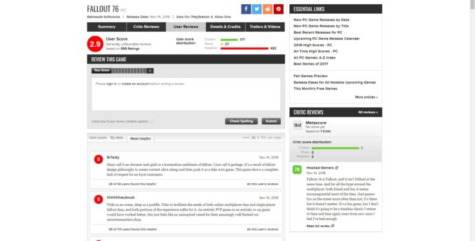 Fallout 76 notes joueurs metacritic