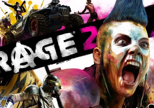 Rage 2 titre avec autour une femme qui hurle, des soldats, des vehicules