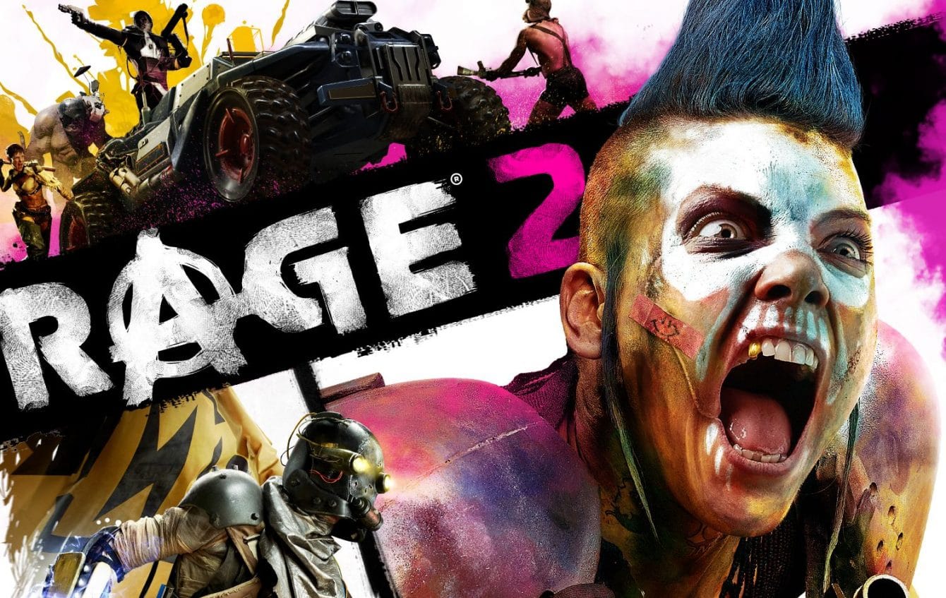 Rage 2 titre avec autour une femme qui hurle, des soldats, des vehicules