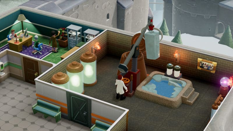 two point hospital big-foot : personnage utilisant les machines du jeu