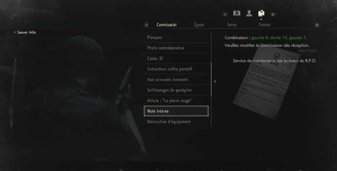 resident evil 2 soluce combinaison coffre commissariat document