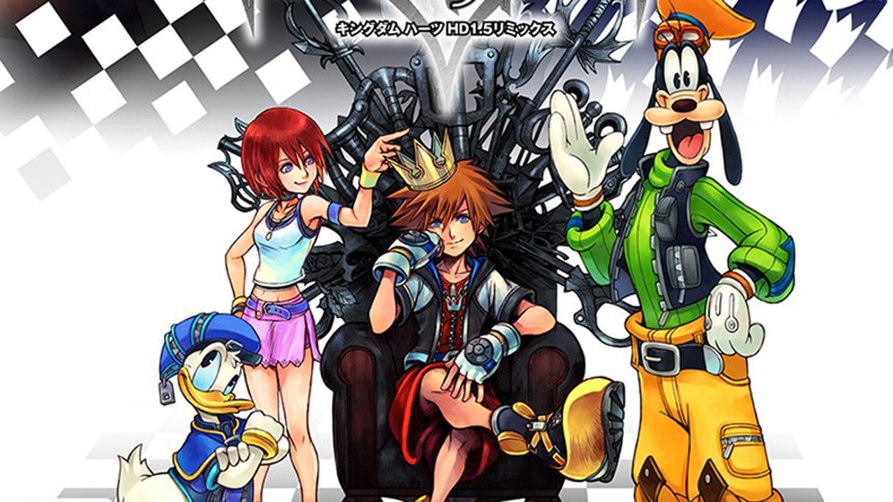 Kingdom Hearts III Sora sur son trone accompagné de Kairi Donald et Dingo