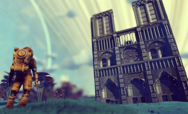 No Man's Sky cathédrale notre dame façade et joueur