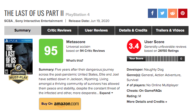 Fiche jeu The Last of Us Part 2 sur Metacritic