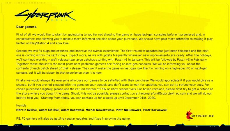 cyberpunk 2077 lettre excuse