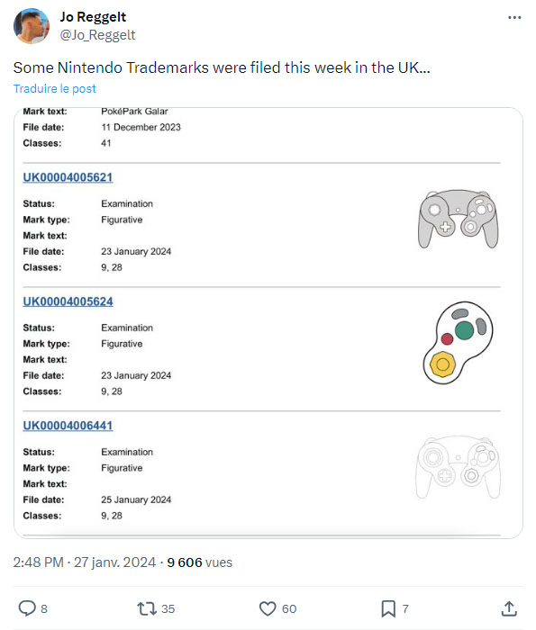 le Tweet de Jo Reggelt sur X concernant les nouveaux brevets d'une manette GameCube