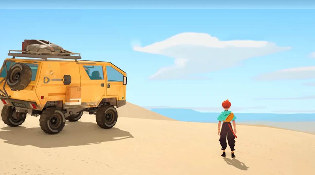 Caravan SandWitch key art, personnage sur la plage avec son van garé à côté, regardant l'horizon