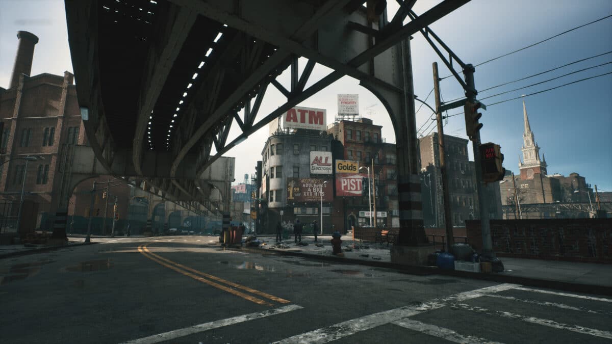 Vue d'une ville de banlieue sous un autopont - capture d'écran du futur jeu de Liquid Swords