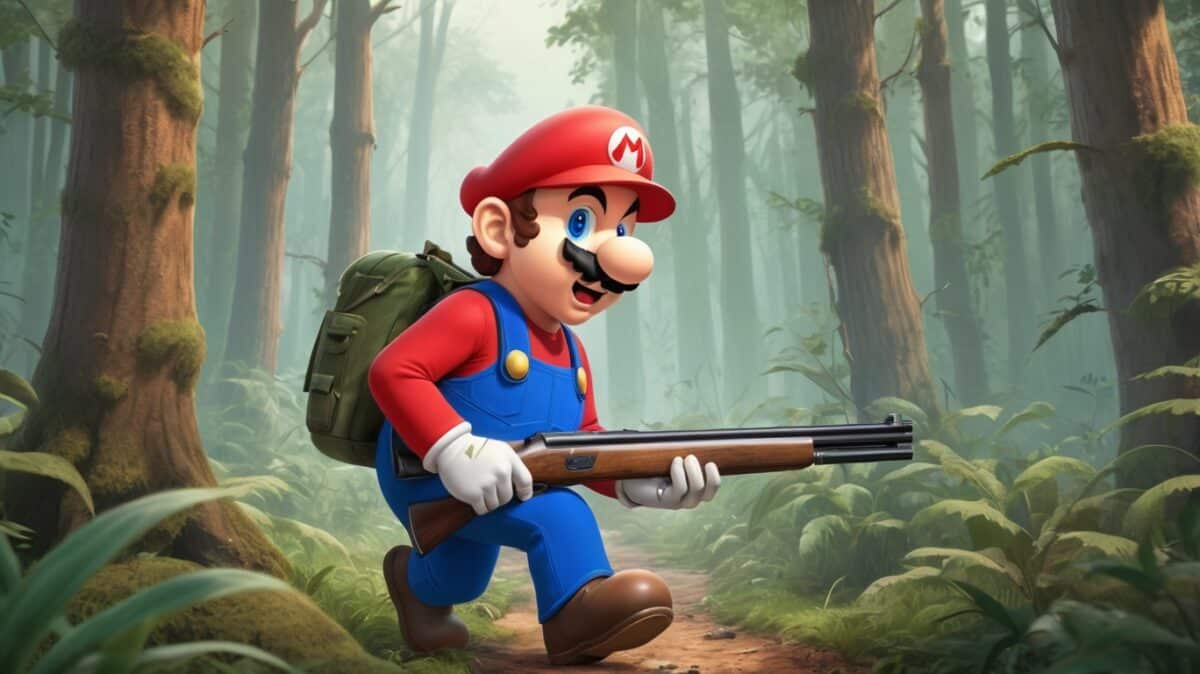 Mario à la chasse en forêt pour représenter la chasse aux pirates de Nintendo