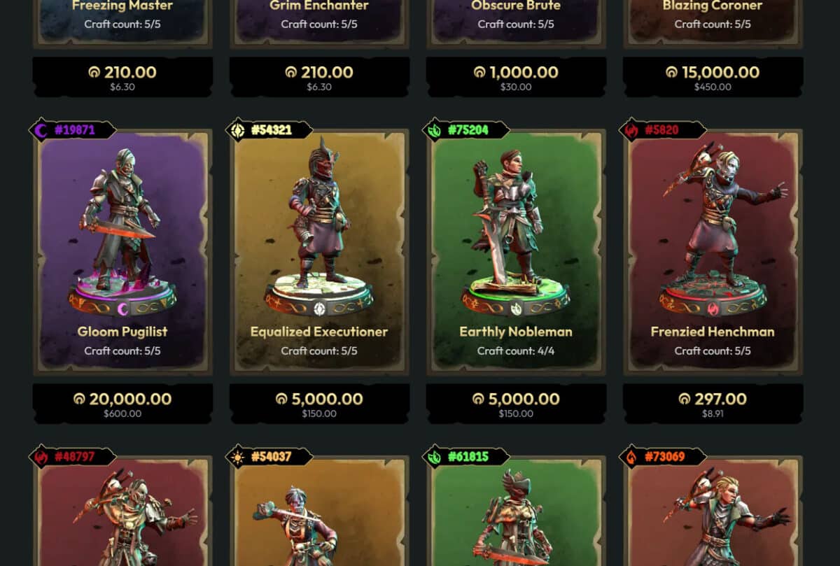 le prix de quelques figurines NFT de Champions Tactics (Ubisoft)