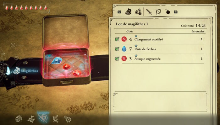 Les différents bonus que l'on peut équiper dans The Adventures of Elliot