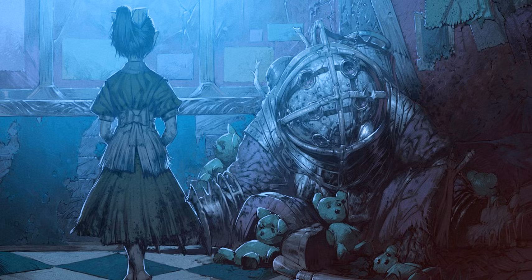 Bioshock - Little Sister devant un Big Daddy dans Rapture